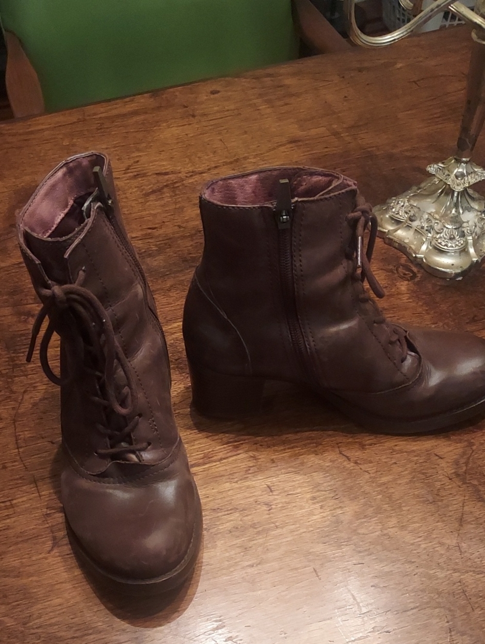 Women's Brown Lace-Up Leather Ankle Boots with Low Block Heel